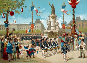 Parade der Kinder der Schulbataillone auf dem Place de la République am 14/07/1883 in Paris. Lithographie des 19. Jahrhunderts Paris, Musée Carnavalet