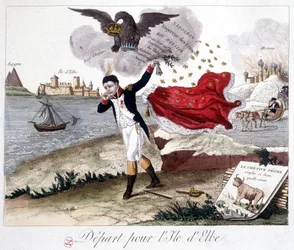 Abreise zur Insel Elba: Napoleon hält eine Glocke, ein kaiserlicher Adler erinnert ihn an seine Titel, Moskau brennt im Hintergrund, und im Vordergrund: Fabel von La Fontaine: „Der Frosch, der größer sein wollte als der Ochse“ (die schwache p