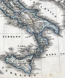 Detail einer geografischen Karte Süditaliens (Regionen Kampanien, Kalabrien, Sizilien, Apulien, Molise und Abruzzen). 19. Jahrhundert