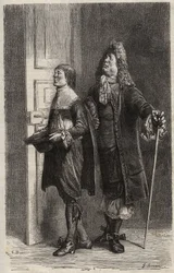 Diafoirus Vater und Sohn - Gravur für „Der eingebildete Kranke“ von Jean Baptiste Poquelin genannt Molière (1622-1673)