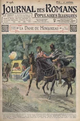 Diane wird von ihrem Ehemann gerufen, während sie mit ihrem Liebhaber Bussy reitet. Illustration des Romans „La Dame de Monsoreau“ von Alexandre Dumas. In „Journal of Illustrated Popular Novels“.