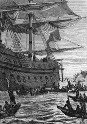 Entdeckung der Indes: Reise von Wallis im Pazifik; Einheimische treffen die Kolonisten - in „Les Voyageurs du 18eme et 19eme siècle“, von Jules Verne, ed. Hetzel et Cie, Paris