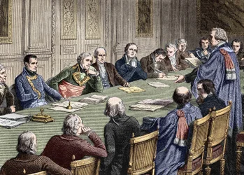 Diskussion des Zivilgesetzbuches im Staatsrat (1800-1804), unter dem Vorsitz des ersten Konsuls, Napoleon Bonaparte. Gravur des 19. Jahrhunderts.