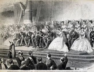 Verleihung der Auszeichnungen an die Preisträger der Weltausstellung - Der Kaiser erhält von seinem Sohn, dem kaiserlichen Prinzen, den Grand Prix für seine Arbeiterhäuser und Musterfarmen