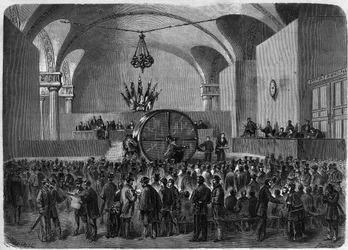 Auslosung von Anleihen zur Rückzahlung der beiden von der Stadt Paris 1855 und 1866 aufgenommenen Darlehen. Hôtel de Ville de Paris, 2. Februar