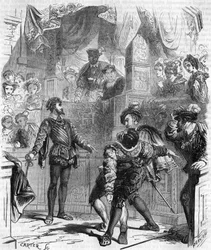 Degen-Duell von François de La Châtaigneraie gegen Guy de Jarnac; Jarnac verletzte seinen Gegner tödlich, indem er ihm das Schienbein durchtrennte; im Jahr 1547, Gravur des 19. Jahrhunderts.