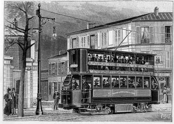 Elektrische Straßenbahnen von Paris nach Aubervilliers: Ansicht eines Oberleitungswagens außerhalb von Paris. Gravur in „La Nature: revue des sciences et de leurs applications aux arts et à l