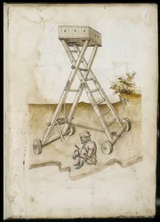 Hebevorrichtung und gefesselter Gefangener - Manuskript: Pergamentblatt aus einem Ingenieurshandbuch für den Bau ziviler, religiöser und militärischer Gebäude, anonym, spätes 15. Jahrhundert (Figur in chinesischer Tinte)