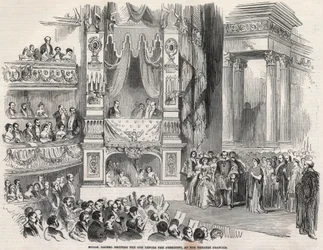 Elisabeth Rachel Felix, bekannt als Mademoiselle Rachel (1821-1858), französische Tragödin, vor Napoleon III. im Théâtre Français im Jahr 1852 - Am Vorabend der Proklamation des Zweiten Kaiserreichs erklärte Rachel am 22. Oktober 1852 im Théâtre Français