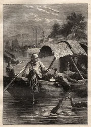 Botschaft von Lord George McCartney (1737-1806) in China (1792-1793): Der Vogel Leut-ze, steht für das Fischen (Kormoranfischen) - Illustration aus „Die großen Seefahrer des 18. Jahrhunderts“