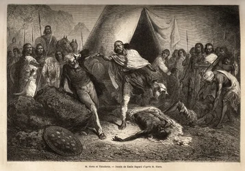 Kaiser (oder Negus) Theodoros II (Tewodros) (geboren um 1818-1868, vor seiner Krönung auf dem äthiopischen Reich Kassa Hailu genannt), bedroht mit seiner Waffe Herrn Stern, einen englischen Missionar, der eine Biografie des Negus verfasste, durch die sich 