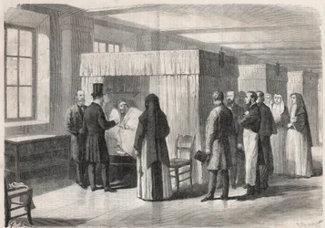 Kaiser Napoleon III. (1808-1873) besucht die Räume des Hôtel-Dieu für Cholerapatienten und spricht mit ihnen - Gravur in „The Illustrous World“