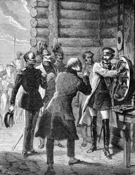 Kaiser Nikolaus I. führte 1838 den ersten Test der Telegrafenleitung von St. Petersburg nach Warschau durch. Gravur 19. Jahrhundert