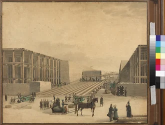 Kaiser Nikolaus I. besucht die Baustelle der Alexandersäule
