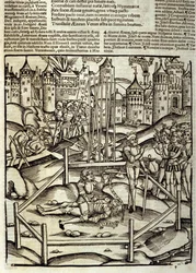 Eneide von Virgil (70 v. Chr.-19 v. Chr.), Buch XII, der trojanische Held Äneas tötet Turnus im Kampf unter den Augen der Latiner und Rutuler. Holzschnitt von Sebastian Brant (1458-1521). Straßburg