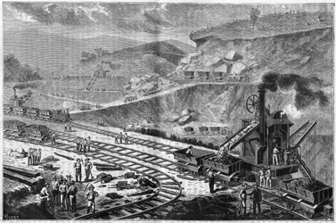 Gravur von 1885, die die Arbeit des Bohrens des Isthmus von Panama zeigt. Blick auf einen der Angriffe auf die Werft von Emperador.