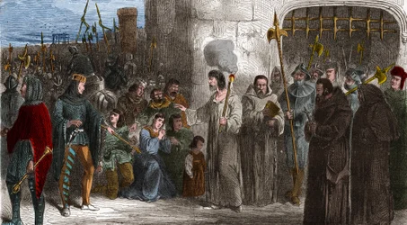 Enguerrand de Marigny (1260-1315), Kämmerer und Minister von König Philipp IV. der Schöne, auf dem Weg zur Folter im Jahr 1315. Stich in „Histoire De France En Cent Tableaux“ von Paul Lehugeur 1891 - Enguerrand de Marigny (1260-1315), Kämmerer und Minister