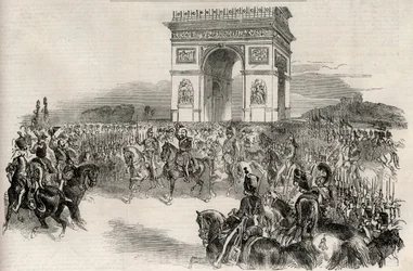 Einzug von Napoleon III. in Paris durch den Arc de Triomphe am 2. Dezember 1852 - Gravur