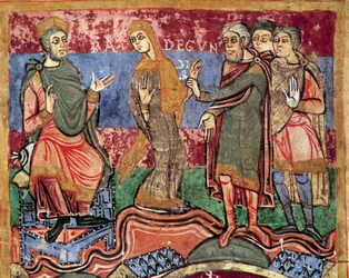Episode aus dem Leben der Heiligen Radegunde von Poitiers (519-587), Ehefrau von Chlothar I., König der Franken: Radegunde wird von König Chlothar I. geführt. Miniatur aus einem Manuskript des 11. Jahrhunderts. Stadtbibliothek von Poitiers.
