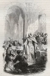 Ermesinde, Gräfin von Luxemburg - Charta der Postgebühren, gewährt von Ermesinde I. von Luxemburg an die Einwohner von Luxemburg im Jahr 1243 - Gravur von 1868 in „Geschichte Belgiens von den Urzeiten bis zum Ende von Leopold I.“ von Theodore Juste (1818-1