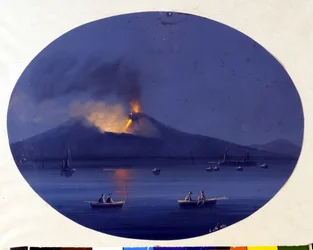 Nächtlicher Ausbruch des Ätna vom Meer vor Catania aus gesehen. Anonymes Gemälde aus dem 19. Jahrhundert.