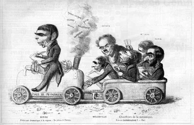 Eugène Scribe (1791-1861), französischer Dramatiker „produzent dramatique à la steam“ und seine Hauptmitarbeiter im Jahr 1840: Anne Honoré Joseph Duveyrier, genannt Melesville (1787-1865), Jean François Bayard (1796-1853), Pierre François Adolphe Carmouche