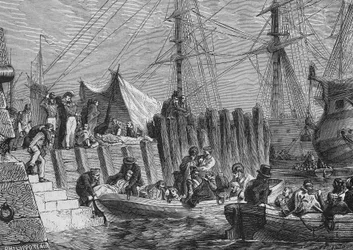 Evakuierung von Flesringe durch die Engländer im Jahr 1802: Einschiffung der Kranken - in „Histoire de France“ von Henri Martin, 19. Jahrhundert