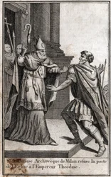 Exkommunikation: der Bogen des heiligen Ambrosius von Mailand verweigert dem römischen Kaiser Theodosius I. den Kircheneintritt, um ihn für das Massaker von Thessaloniki im Jahr 390 zu bestrafen. Gravur in „Beaute de l