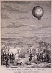 Experiment der Gebrüder Montgolfier in Annonay am 5. Juni 1783 - in „Les Contemporains“, n.d. Ende 19. Jahrhundert