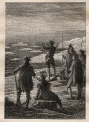 Erkundung des großen kanadischen Nordens (1769-1772) durch Samuel Hearne (1745-1792): Hearne folgt dem Lauf des Coppermine River und erreicht dessen Mündung am Arktischen Ozean im Jahr 1771 - Illustration aus „Die großen Seefahrer des 18. Jahrhunderts“