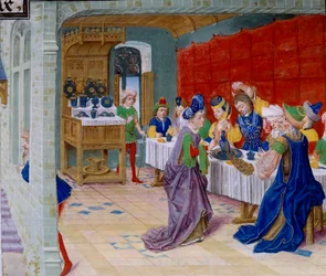 Festmahlszene, auf dem Tisch wird ein Pfau serviert. Miniatur aus „La Vraye Histoire du Bon Roy Alixandre“ von Kallisthenes oder Callisthenes (ca. 360-328 v. Chr.)