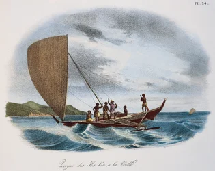 Fidschianisches Segelkanu, Farbgravur