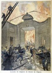 Feuerwehreinsatz während des Brandes der Dekorwerkstatt der Oper. Illustration des „Petite Journal“ im Jahr 1894