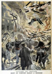 Feuerwehrmann Bailly starb in Bourges bei einem Feuer während eines Einsatzes. Illustration des „Le Petit Journal“ von 1898
