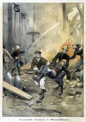 Feuerwehrleute im Einsatz während eines Brandes in der Usine in Saint Denis. Illustration des „Petity Journal“ von 1899