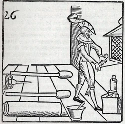 Feuerwerk und Feuerwerkskörper: Handwerker bei der Herstellung von Raketen. Reproduktion der Gravuren aus dem Werk des französischen Jesuiten Jean Leurechon La Récréation Mathématique, ou Entretien Facétieux sur Plusieurs Plaisants Problèmes, en Fait d