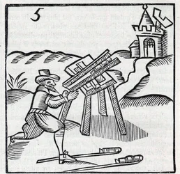 Feuerwerk und Feuerwerkskörper: Handwerker wirft Stöcke. Reproduktion der Gravuren aus dem Werk des französischen Jesuiten Jean Leurechon „La recreation mathematiques, ou Interview facetieux sur plusieurs plaisants problemes, en fait d