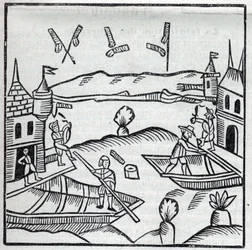 Feuerwerk und Feuerwerkskörper: Feuerwerk auf dem Wasser. Reproduktion der Gravuren aus dem Werk des französischen Jesuiten Jean Leurechon La Récréation Mathématique, ou Entretien Facétieux sur Plusieurs Plaisants Problèmes, en Fait d