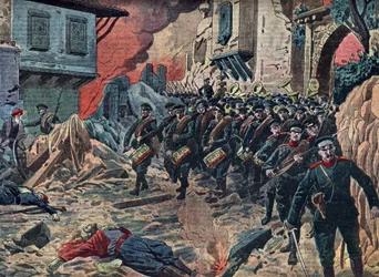 Erster Balkankrieg „Die bulgarische Armee triumphiert nach der Schlacht von Kirk Kilisse (Lozengrad) am 24/10/1912, Türkei“