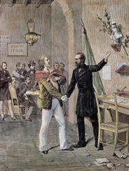 Erstes Treffen zwischen Giuseppe Garibaldi und Giuseppe Mazzini in Marseille 1833 (Gravur)