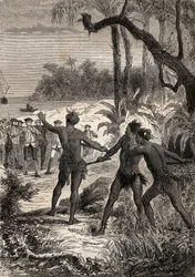 Erste Reise (1768-1771) von Kapitän James Cook (1728-1779): während Cook und zehn Matrosen an der Südküste von Neuguinea segeln, tauchen drei Indianer mit großem Geschrei aus dem Wald auf - Illustration aus „Die großen Seefahrer des 18. Jahrhunderts“