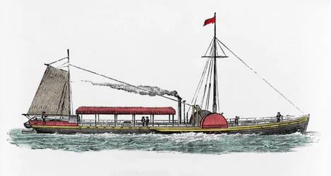 Erste Fahrt des Dampfschiffs „Clermont“ von Robert Fulton (1765-1815), amerikanischer Ingenieur auf dem Hudson River, USA
