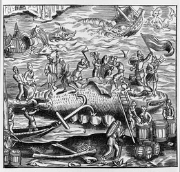 Fischen und Walfang, basierend auf einem Holzstich aus Thevets „Universal Cosmography“. Paris 1575