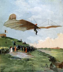 Flug von Otto Lilienthal (1848 - 1896), Pionier des Gleitflugs. 1894.
