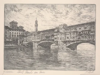 Florenz, Ponte Vecchio mit Turm, wahrscheinlich spätes 19. Jahrhundert (Radierung)