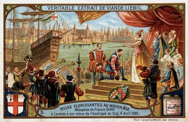 Blühende Städte des Mittelalters: Empfang von Francis Drake (1542-1596) in London (England), bei seiner Rückkehr aus Südamerika, 4. April