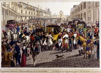 Fontainebleau. Die Abreise von Napoleon Bonaparte zur Insel Elba. 20.04.1814. Gravur aus dem 19. Jahrhundert