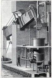 Ehemalige Dampfmaschine von Thomas Newcomen, die gegenwärtig nahe Bristol in England in Betrieb ist. Stich in „La Nature“