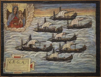 Ehemaliges Votivbild (ex voto) eines Seemanns, beliebtes Opfer als Zeichen der Hingabe und Dankbarkeit des Seemanns, der die Gefahren des Meeres überlebt hat, aus der Kirche der Heiligen Jungfrau des Bogens von Neapel (Madonna dell