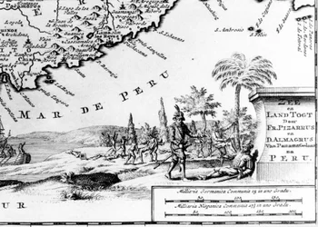 Francisco Pizarro (in fr. Francois Pizarre) dargestellt auf einer Karte von Peru. 17. Jahrhundert